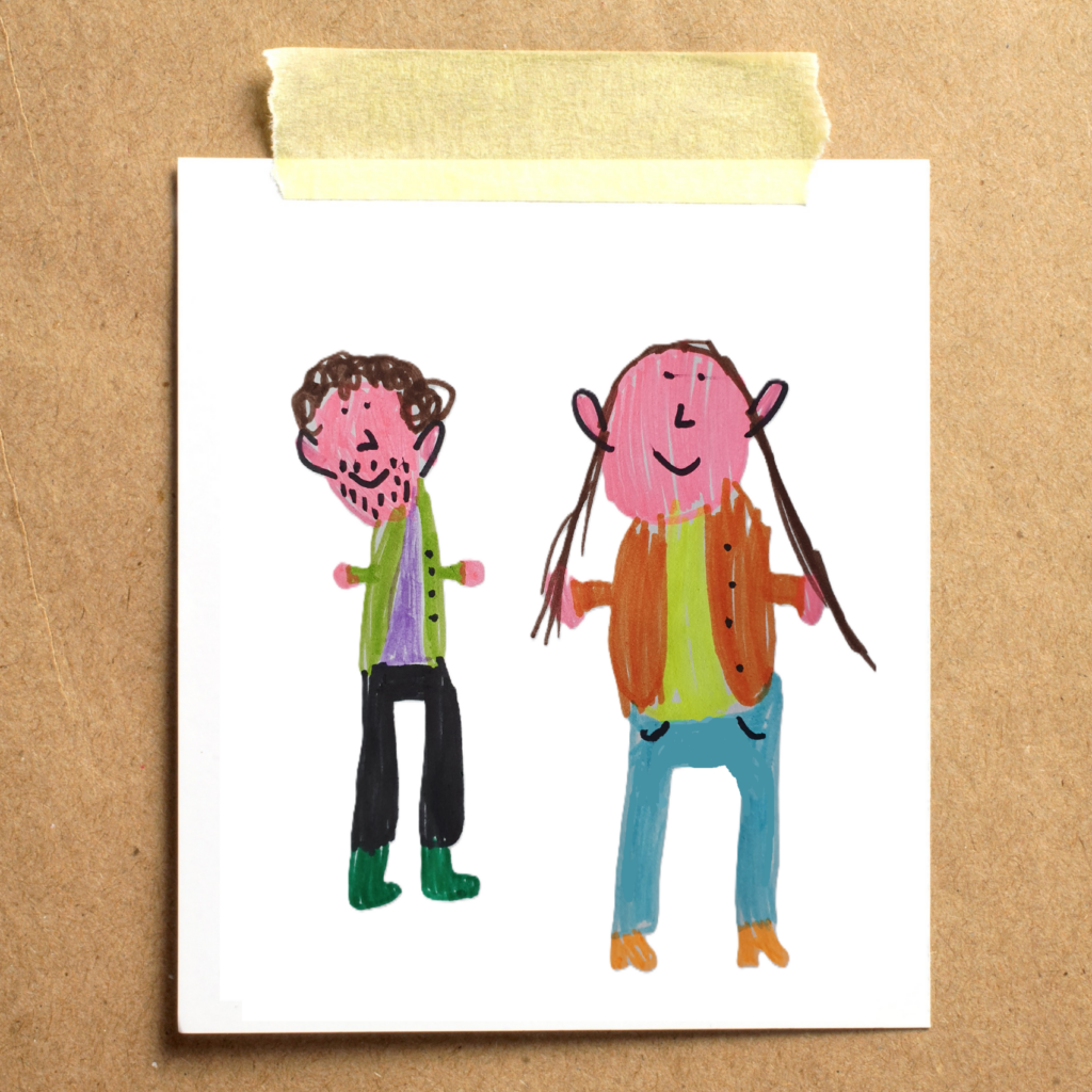 Tekening van ouders, hangend op een prikbord
